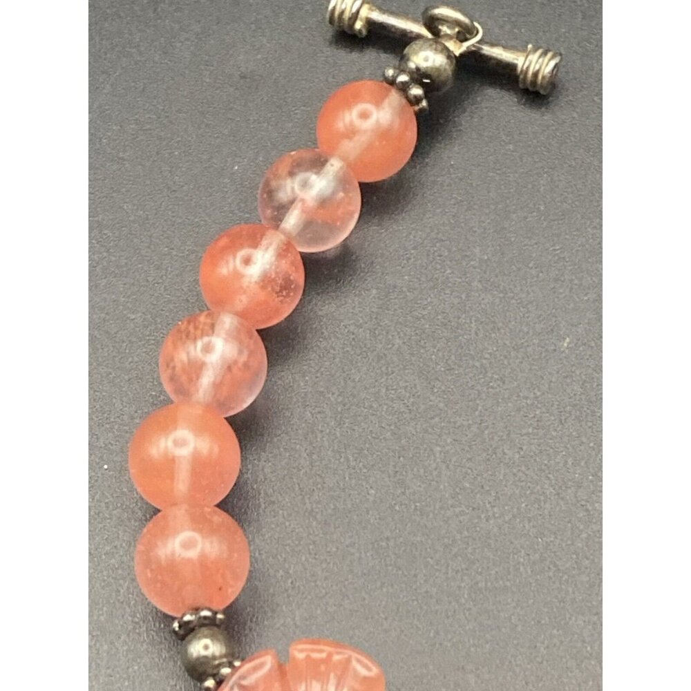 Strawberry Pink Quartz Bracelet Glass Flower Bead Sterling Silver Toggle 8" Boho - Picture 7 of 9